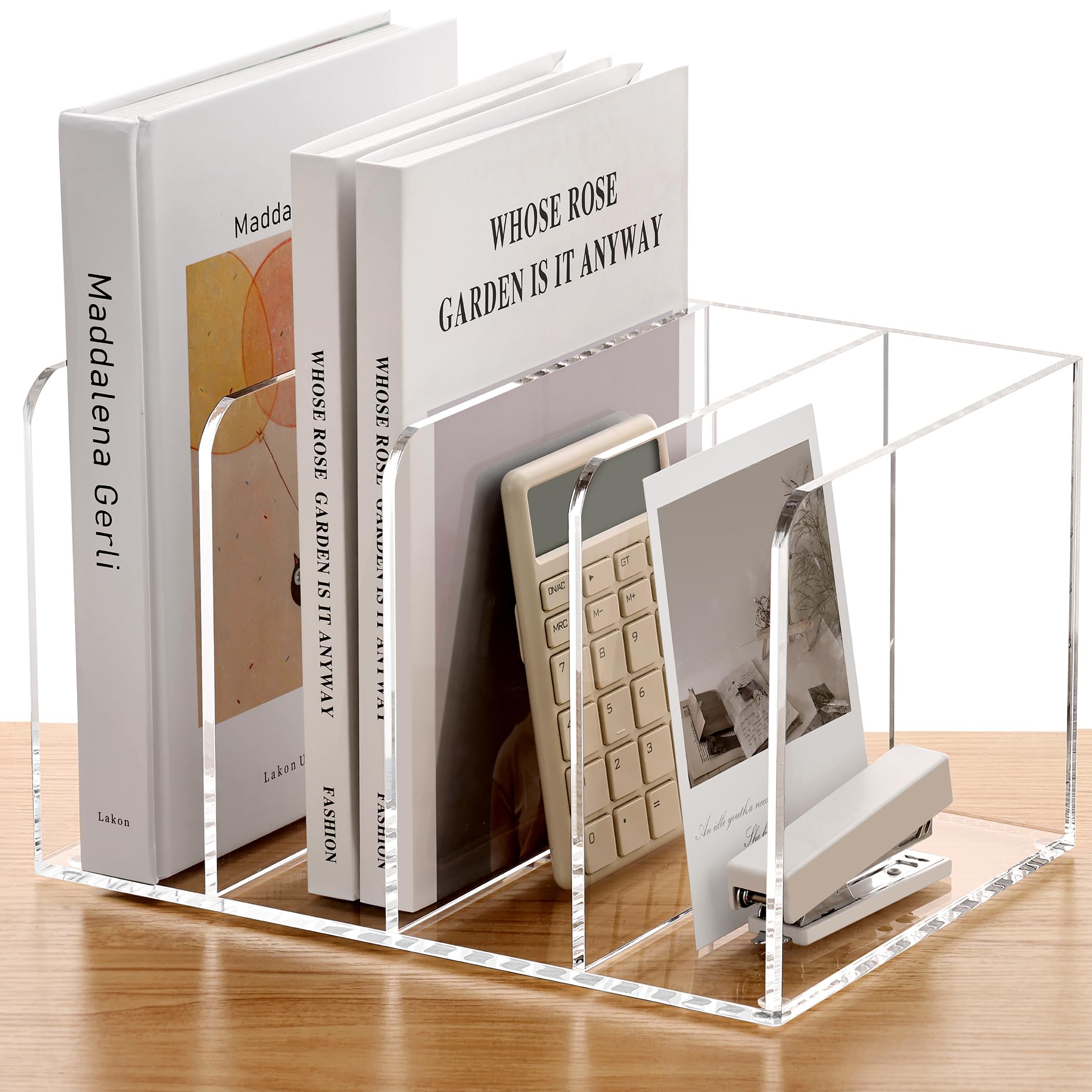 SANRUI Acrylic Magazine Holder Desk Organizer Workspace Sorters，Clear Bookend File Sorter Holder，Folder Rack, Office Accessories Organization Storage with 3 Vertical Compartments