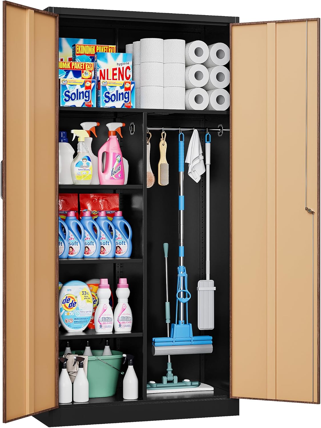 SISESOL Metal Storage Cabinet with 2 Doors and 6 Shelves,Black Metal Cabinet with Lock,71" Lockable Garage Storage Cabinets,Locking File Cabinet,Steel Tool Cabinets for Home,Office,Garage,Shop,School