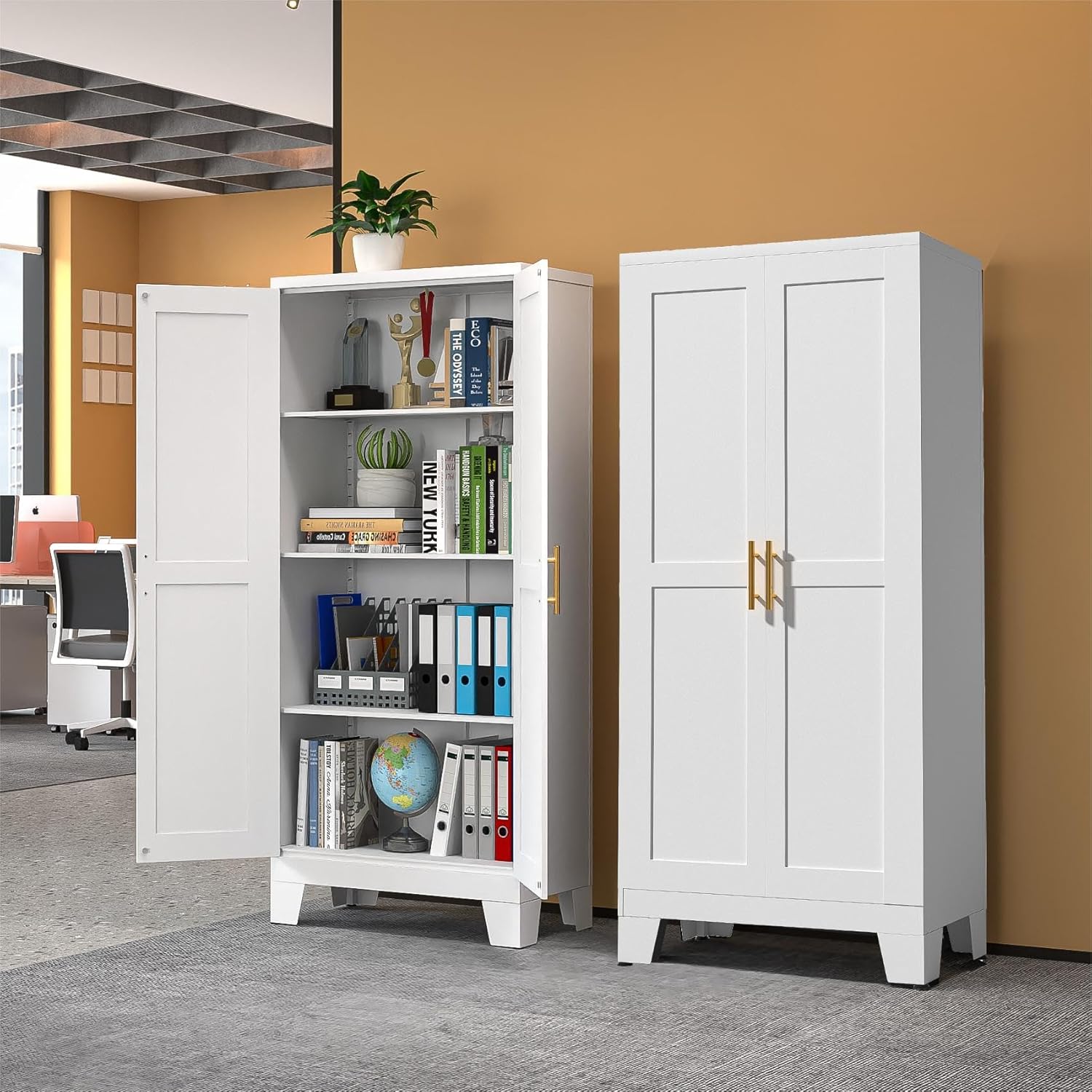 White Metal Storage Cabinet,75" Steel Cabinets for Home Office, Kitchen Pantry Storage Cabinet with Doors and 5 Adjustable Shelves, Tool Cabinets, for Office, Home, Garage, School, 36" W