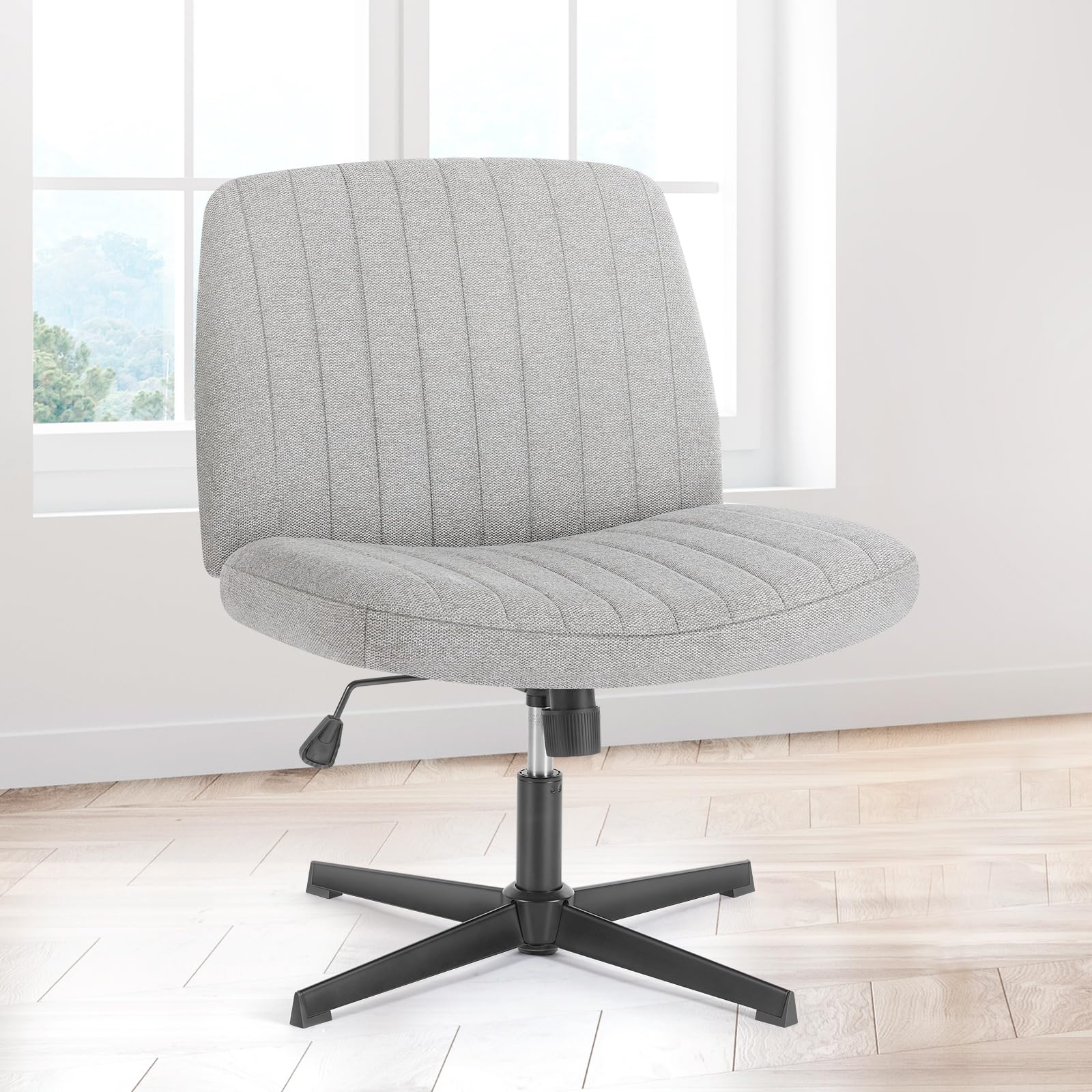 Sweetcrispy Criss Cross Chair Legged, Armless Office Swivel Desk Chair No Wheels, Vanity Height Adjustable Wide Seat Faux Leather Computer Task Seating for Home Bedroom