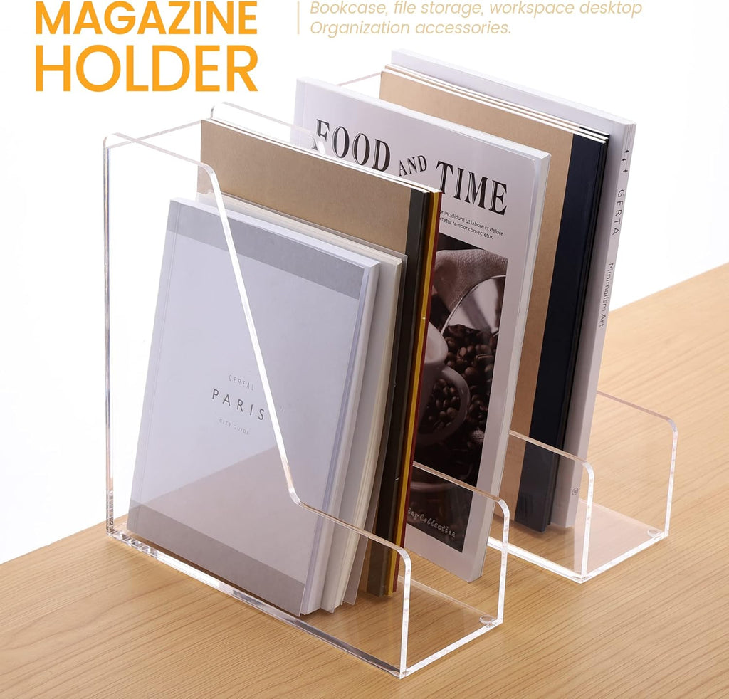 HeZone Magazine Holder, Clear Acrylic Desk Organizers, File Organizer for Desk, Magazine Rack- Desktop Book Storage -Independent Vertical 1 Space-2 Pack