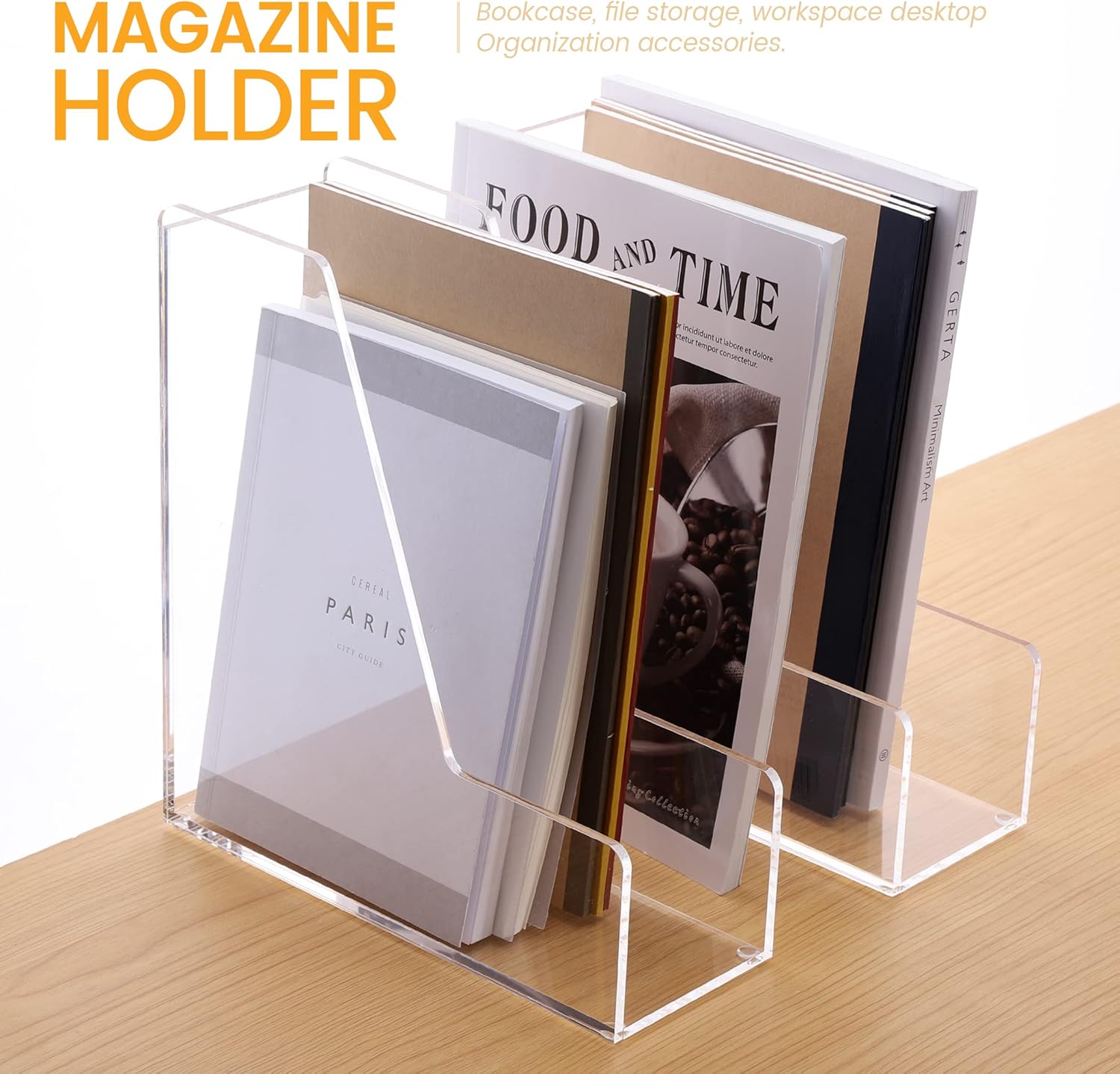 HeZone Magazine Holder, Clear Acrylic Desk Organizers, File Organizer for Desk, Magazine Rack- Desktop Book Storage -Independent Vertical 1 Space-2 Pack