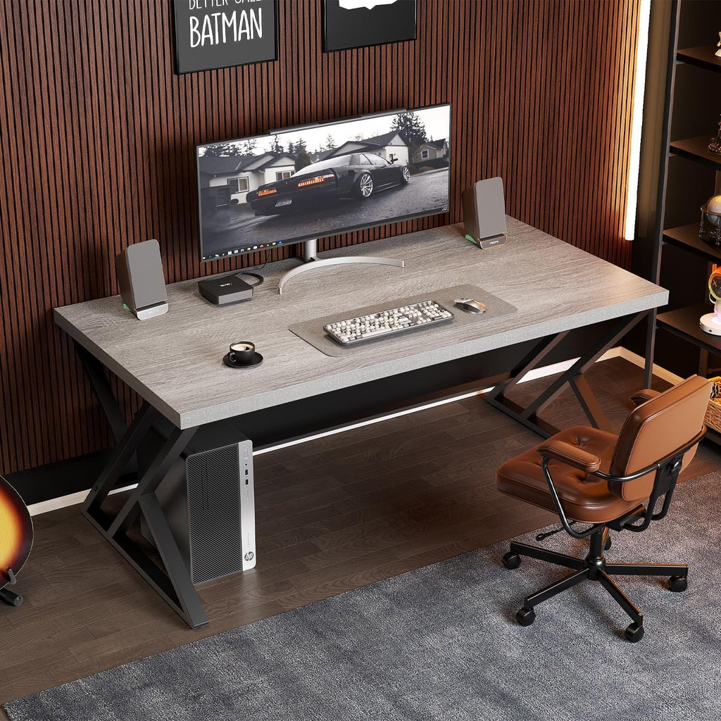LVB Grey Desk, Industrial Wood Home Office Computer Desk for Bedroom, Farmhouse Metal Wooden Study Work PC Gaming Writing Table, Modern Simple Executive Writing Desk, 47 Inch, Light Gray