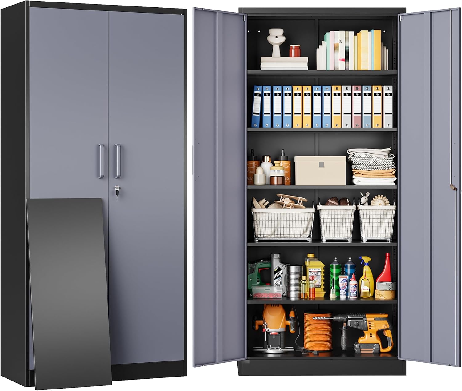 SISESOL Metal Storage Cabinet with 2 Doors and 6 Shelves,Black Metal Cabinet with Lock,71" Lockable Garage Storage Cabinets,Locking File Cabinet,Steel Tool Cabinets for Home,Office,Garage,Shop,School