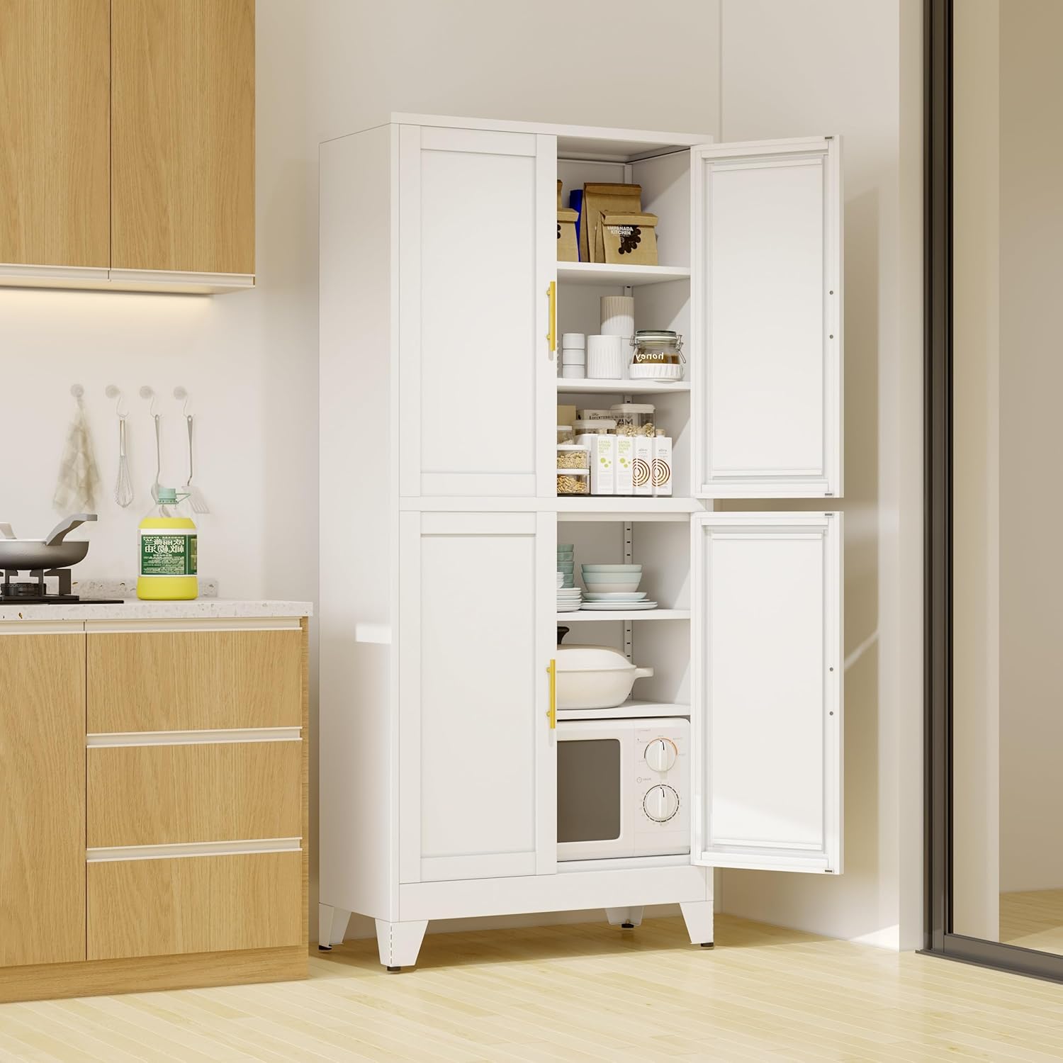 White Metal Storage Cabinet,75" Steel Cabinets for Home Office, Kitchen Pantry Storage Cabinet with Doors and 5 Adjustable Shelves, Tool Cabinets, for Office, Home, Garage, School, 36" W