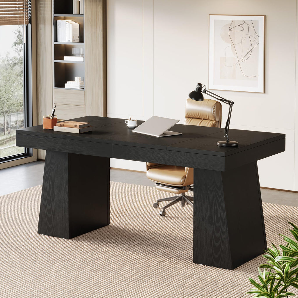Tribesigns 55-Inch Executive Desk, Thick Wood Office Computer Desk with Double Pedestal, Modern Minimalist Workstations Writing Table Conference Table Furniture for Home Office, Light Brown