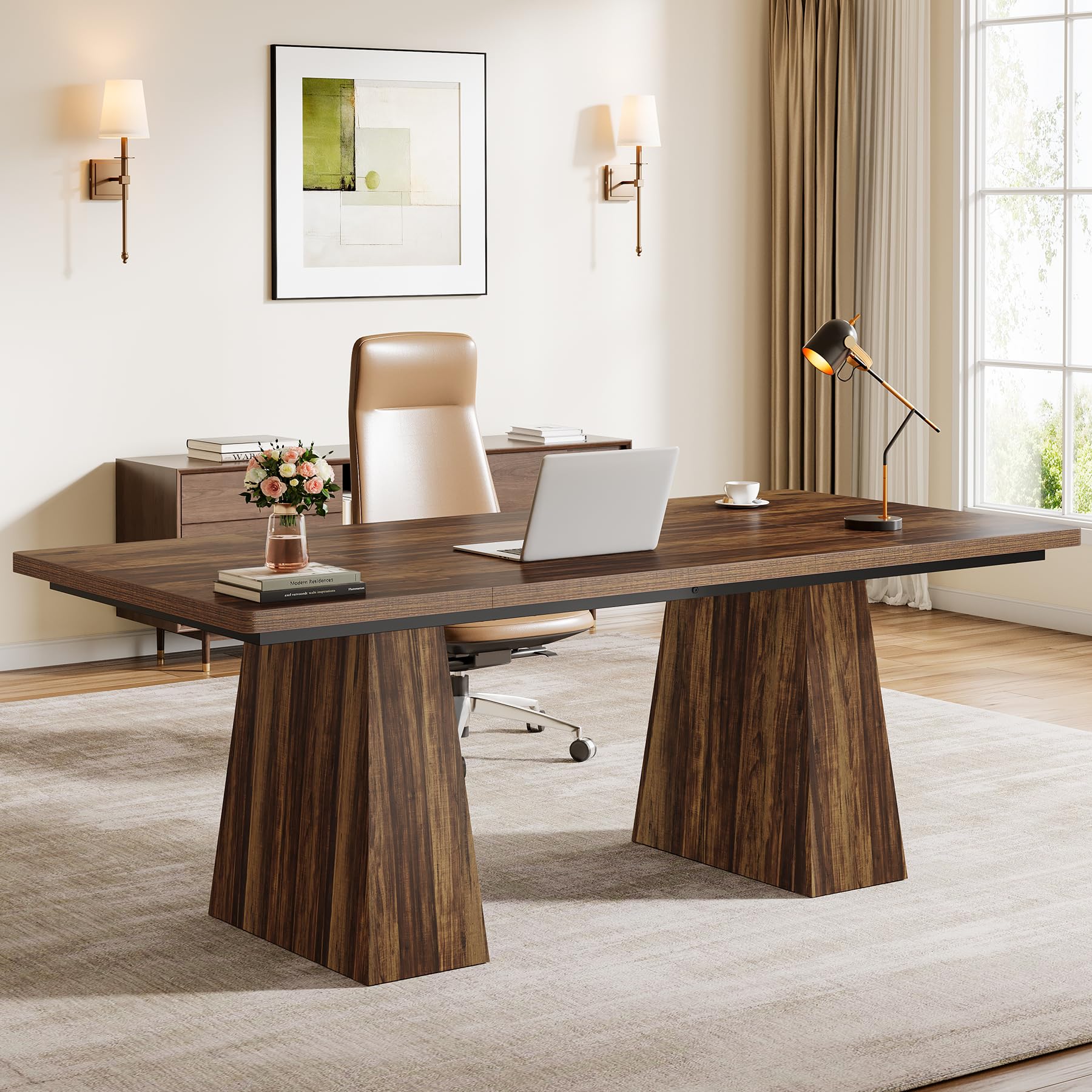 Tribesigns 63-Inch Executive Desk, Modern Office Computer Desk with Sturdy Double Pedestal, Large Study Writing Table Simple Workstation for Home Office, Light Brown