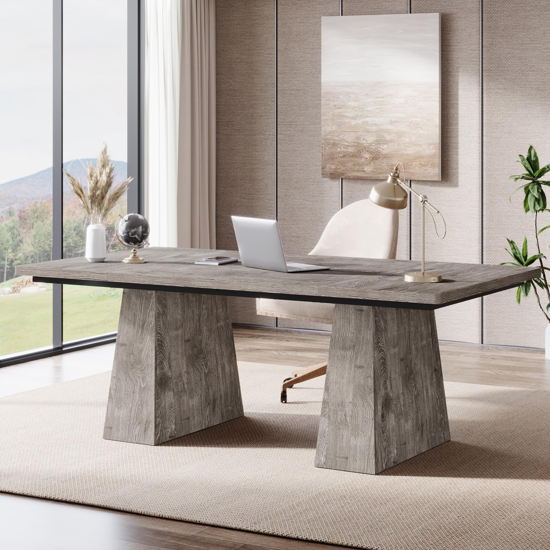 Tribesigns 63-Inch Executive Desk, Large Office Computer Desk with Double Pedestal, Modern Simple Workstations Writing Table Conference Table Business Furniture for Home Office, Light Brown