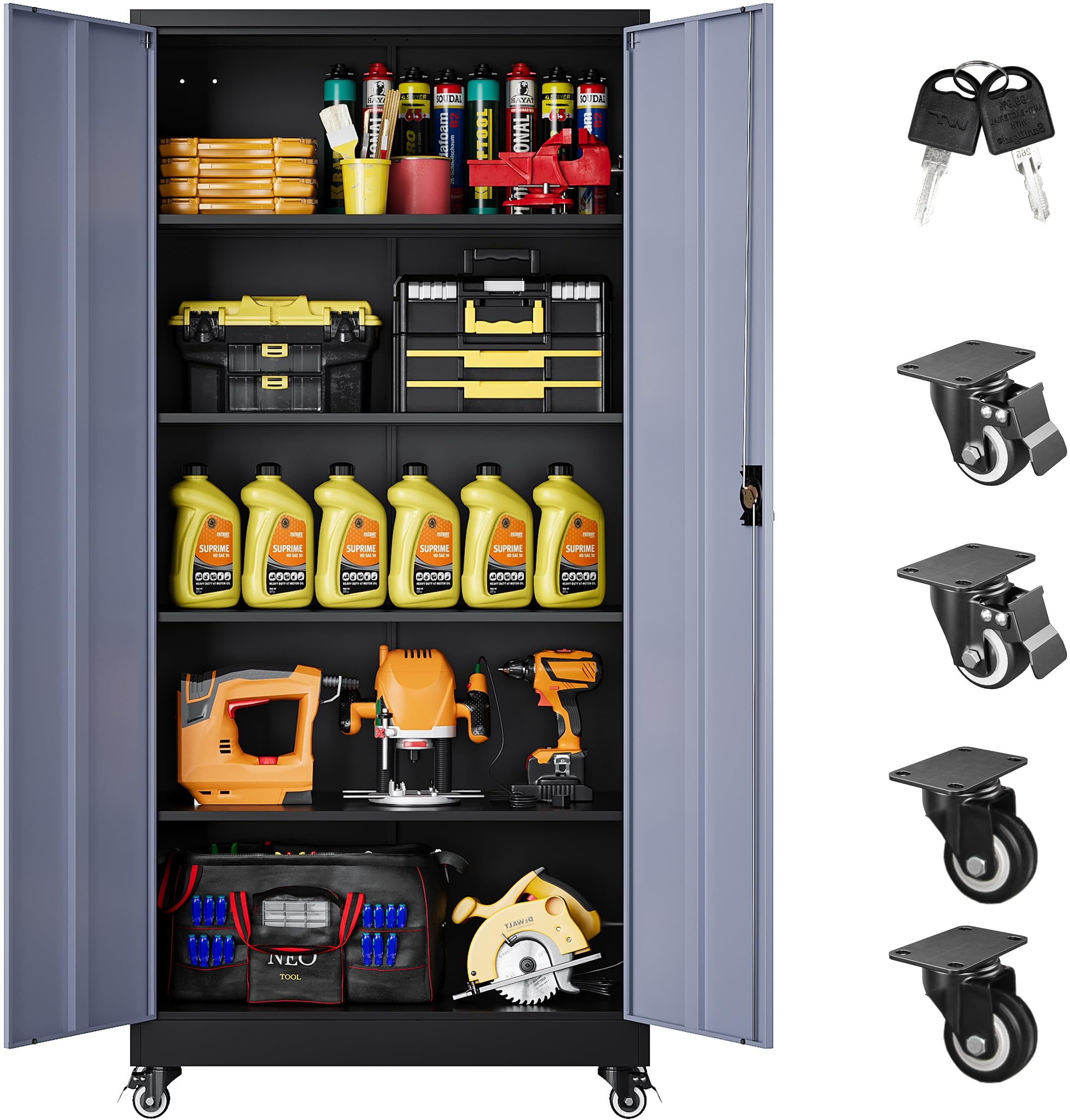 SISESOL Metal Storage Cabinet with Wheels,75 inch Tall Rolling Garage Storage Cabinet with Lock,Black Metal Cabinets with Wheels and Shelves,Deep Heavy Duty Tool Locker for Garage,Home,Office,Shop