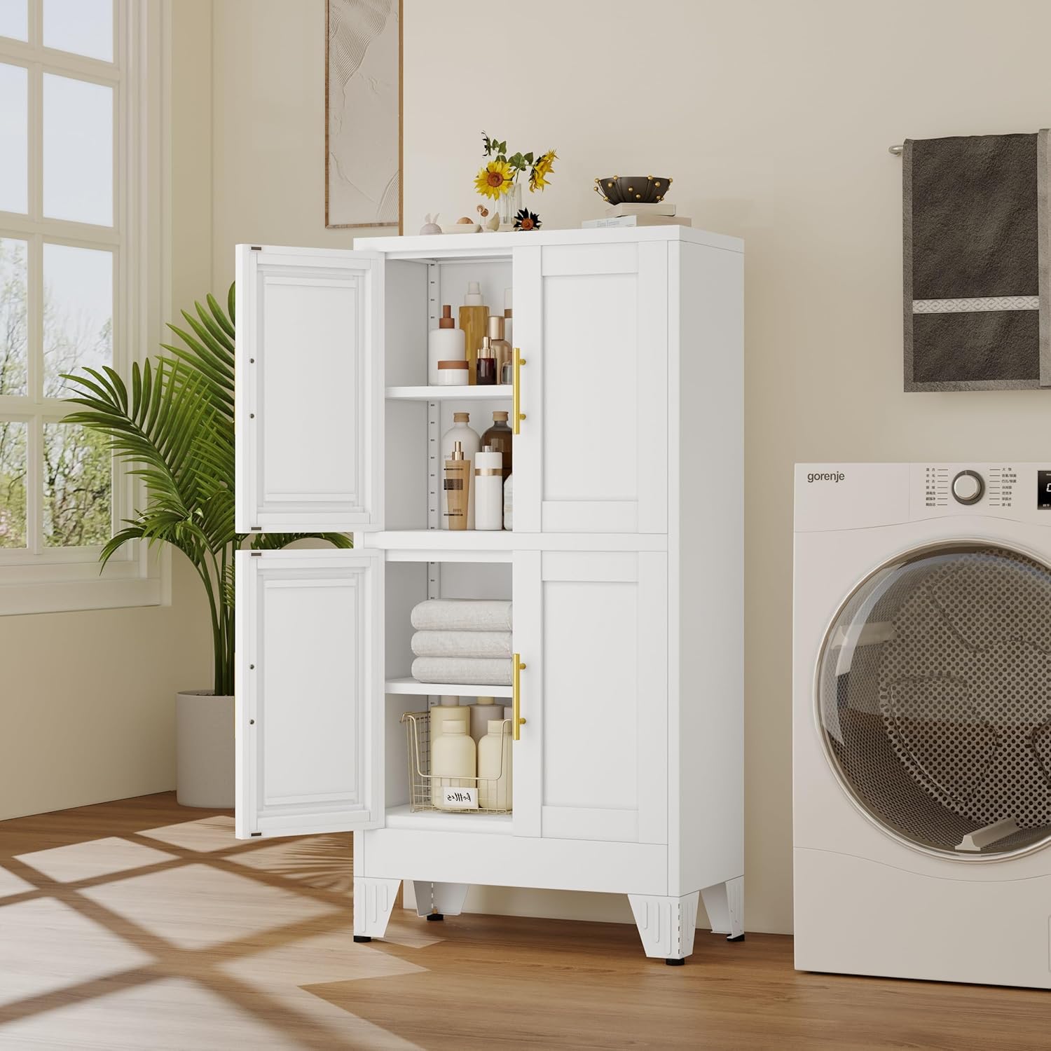 White Metal Storage Cabinet,75" Steel Cabinets for Home Office, Kitchen Pantry Storage Cabinet with Doors and 5 Adjustable Shelves, Tool Cabinets, for Office, Home, Garage, School, 36" W
