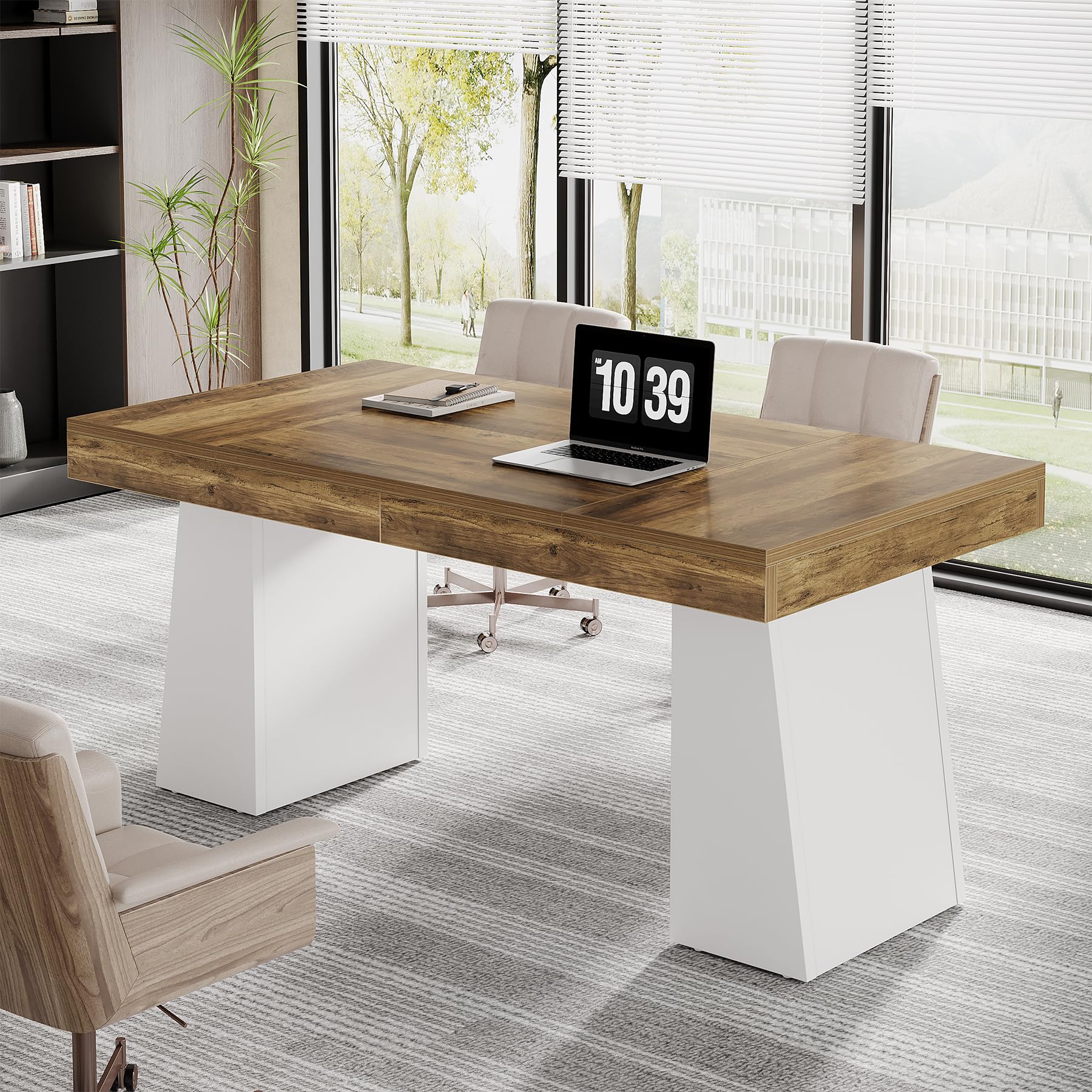 Tribesigns 55 Inches Executive Desk, Mid-Century Modern Home Office Desk, Wood Computer Table Business Workstation Small Conference Table, Light Brown