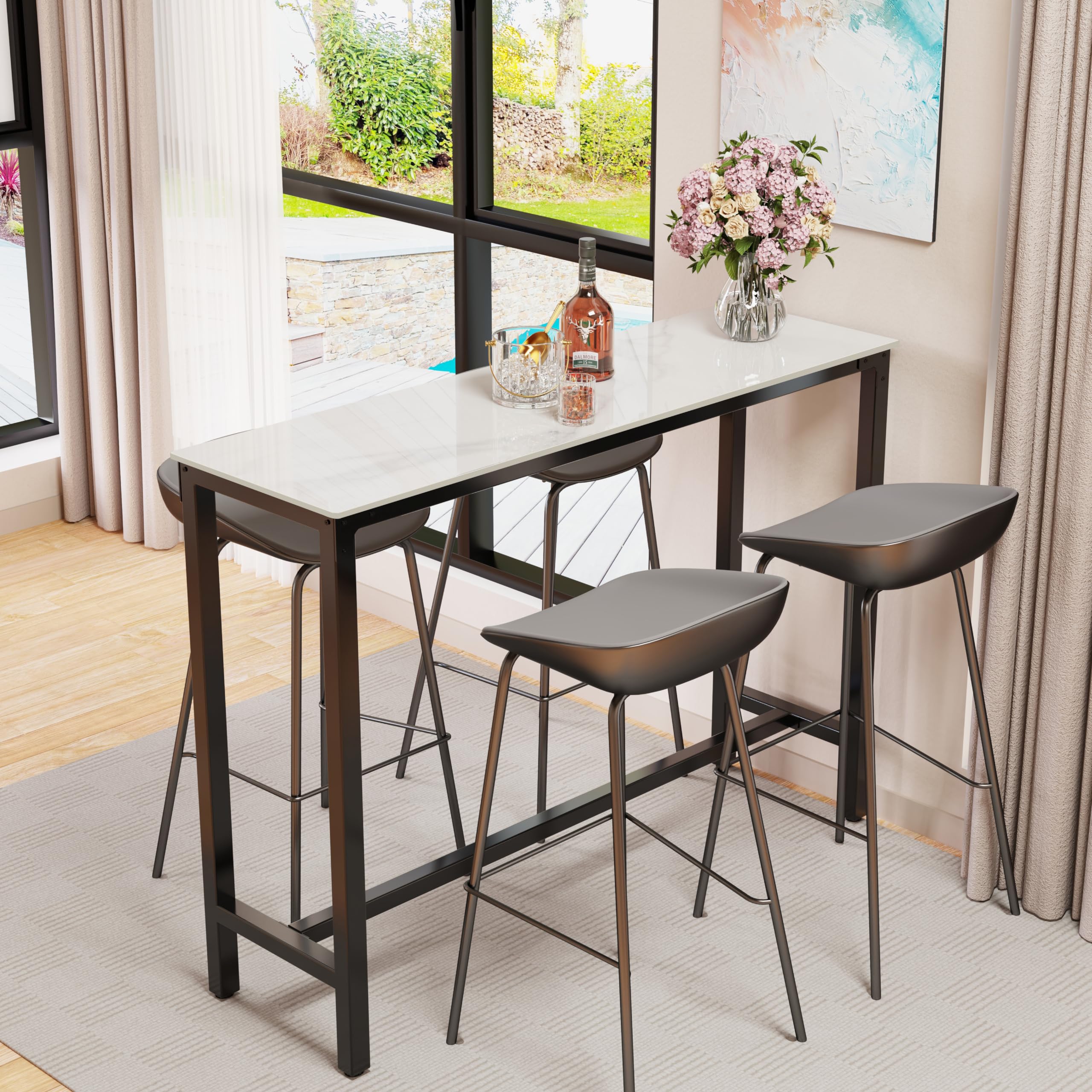 Wisfor Sintered Stone Bar Table: White Square High Top Pub Tables with Black Metal Frame - Small Breakfast Dining Table - Tall Coffee Table with Cross -Legs, 27.56x27.56x41.34 inch