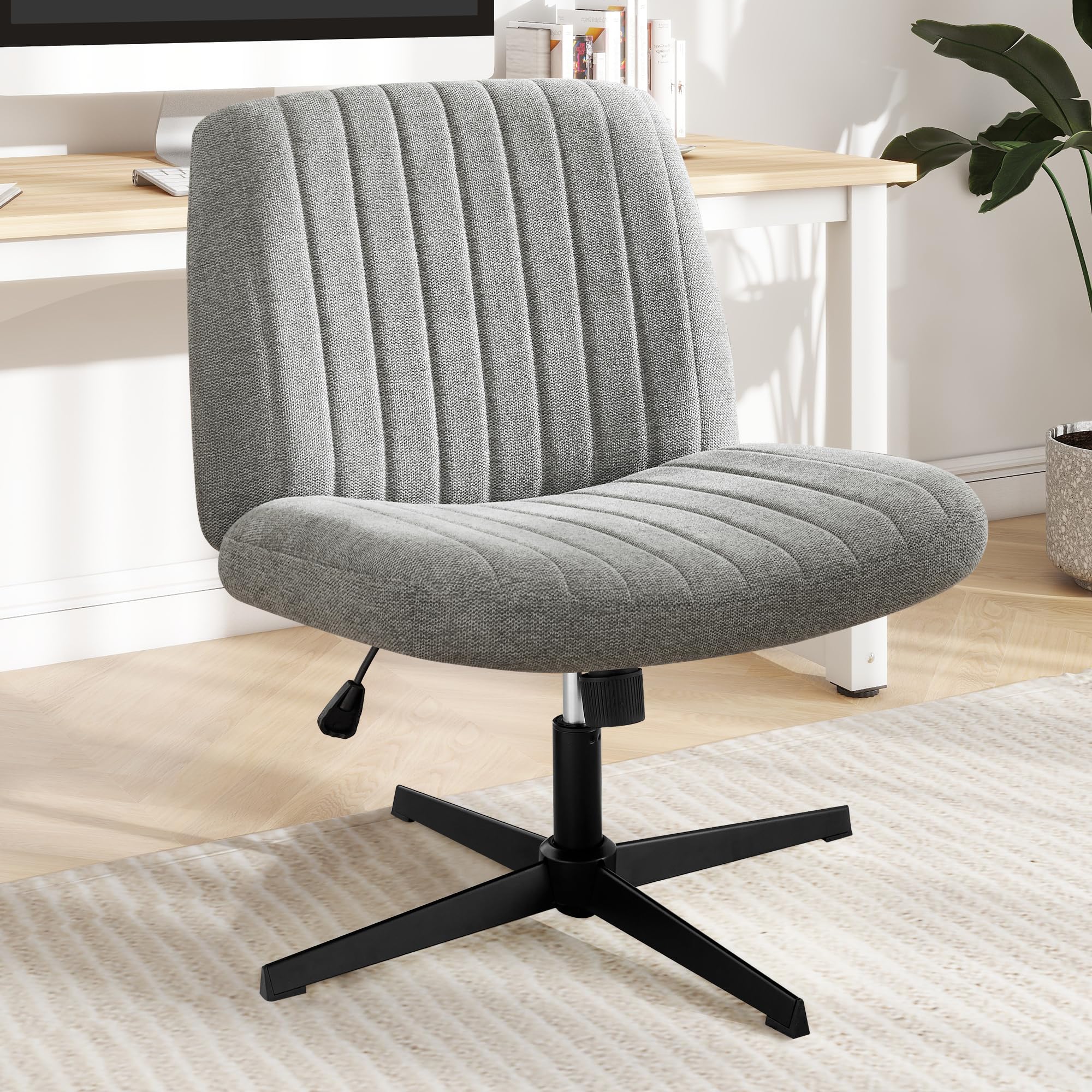 DUMOS Criss Cross Chair with Wheels, Wide Cross Legged Office Desk Vanity Chairs, Faux Leather Armless Adjustable Swivel Chairs for Home Computer Task, Beige