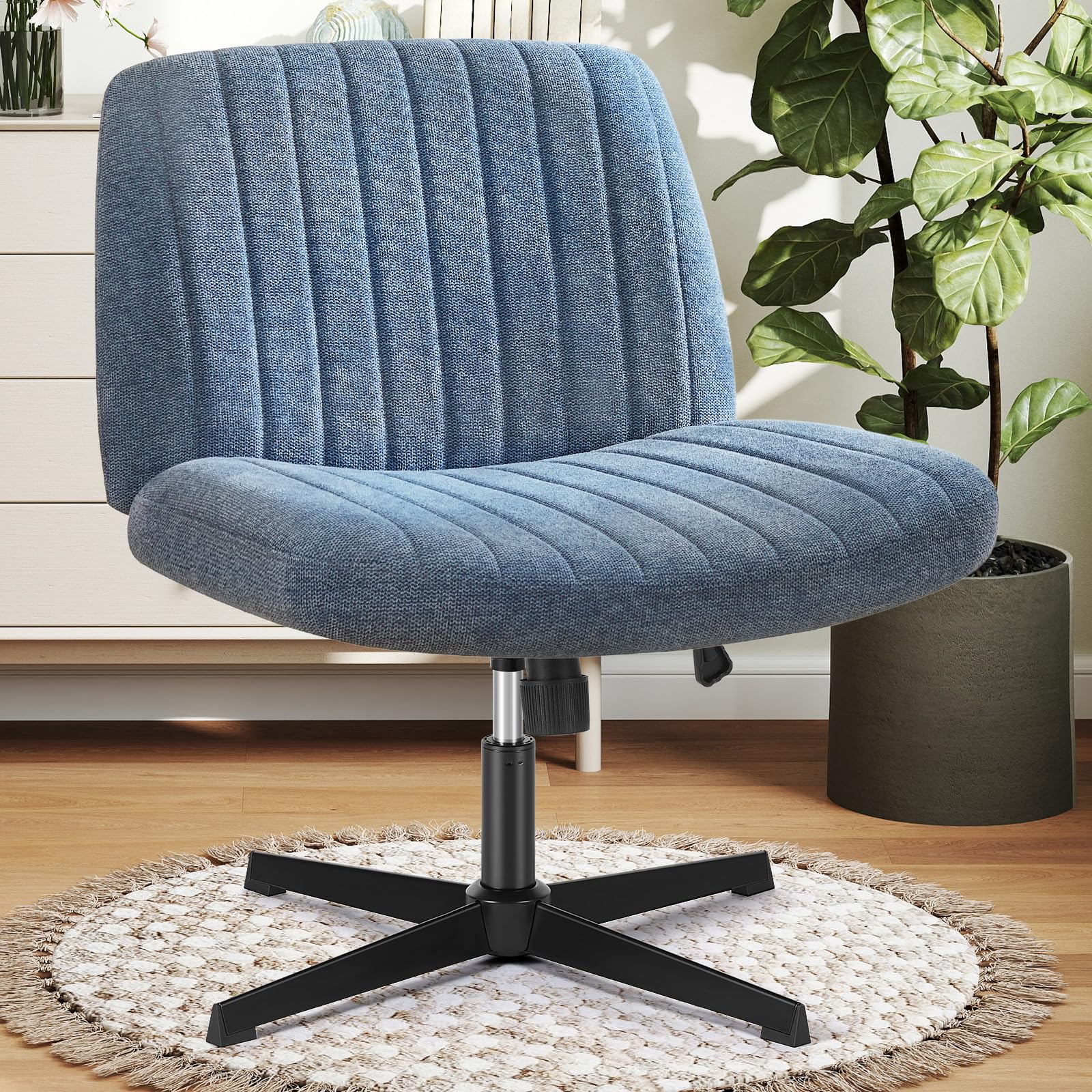 DUMOS Criss Cross Chair with Wheels, Wide Cross Legged Office Desk Vanity Chairs, Faux Leather Armless Adjustable Swivel Chairs for Home Computer Task, Beige