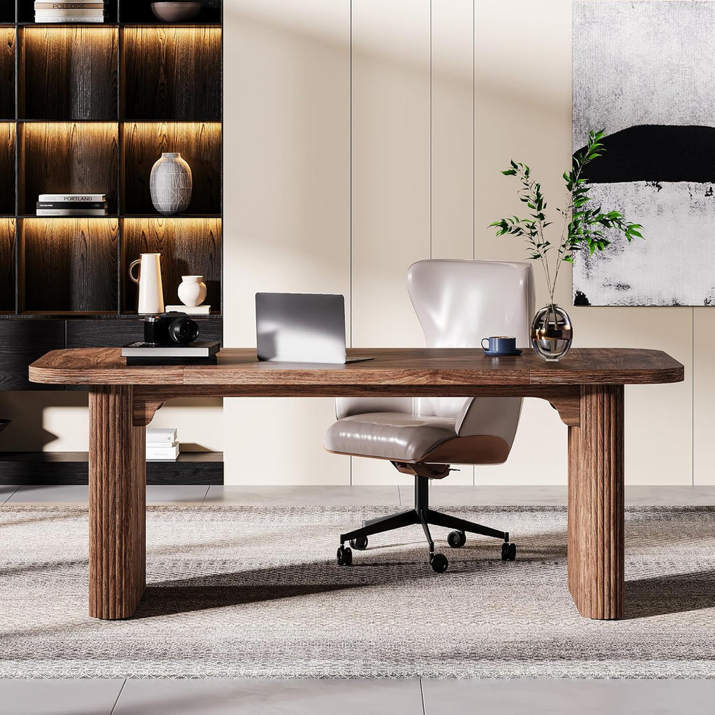 Tribesigns 62-Inch Modern Executive Desk, Wood Office Desk, Large Aesthetic Computer Desk with Double Pedestal, Workstation for Home Office (Brown)