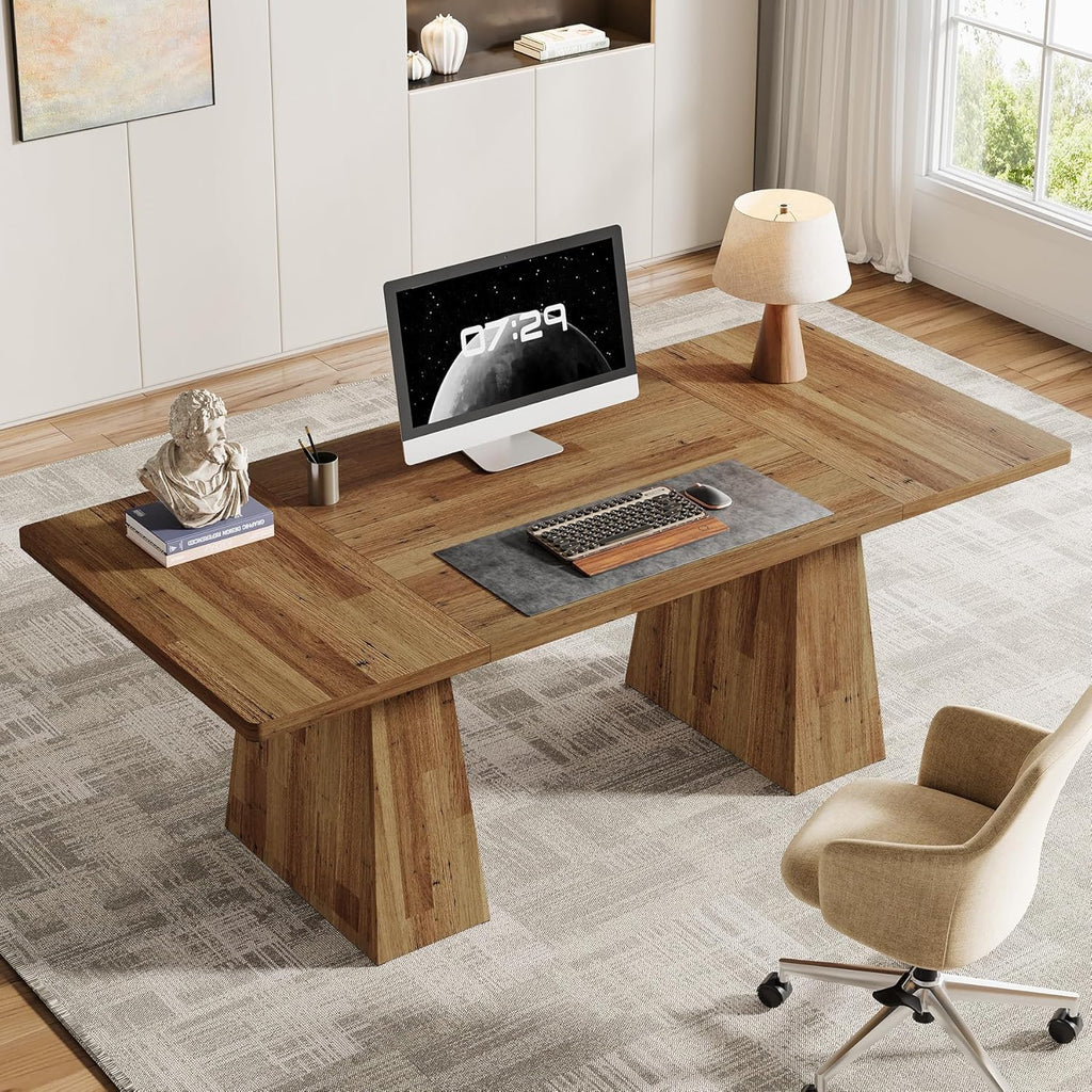 Tribesigns 63-Inch Executive Desk, Modern Office Computer Desk with Sturdy Double Pedestal, Large Study Writing Table Simple Workstation for Home Office, Light Brown