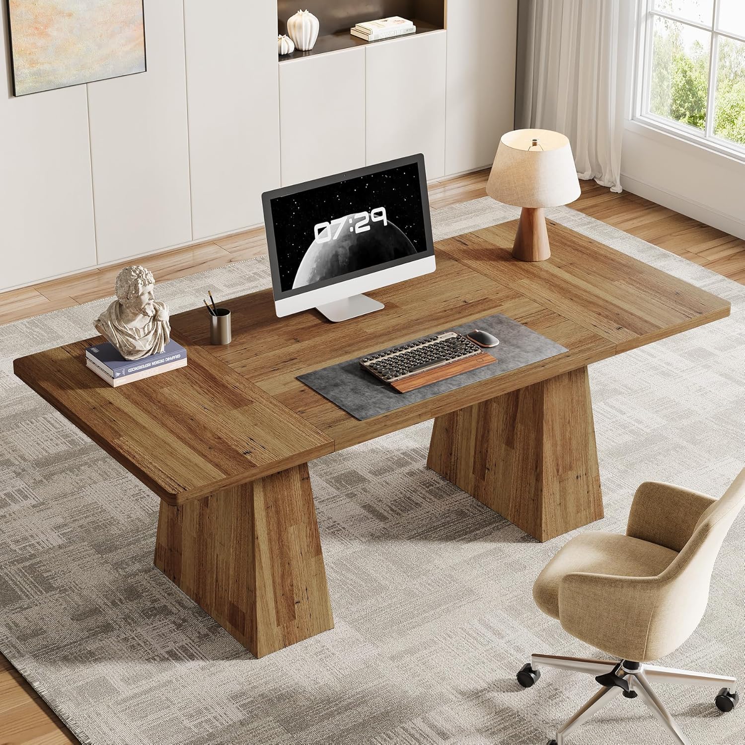 Tribesigns 63-Inch Executive Desk, Modern Office Computer Desk with Sturdy Double Pedestal, Large Study Writing Table Simple Workstation for Home Office, Light Brown