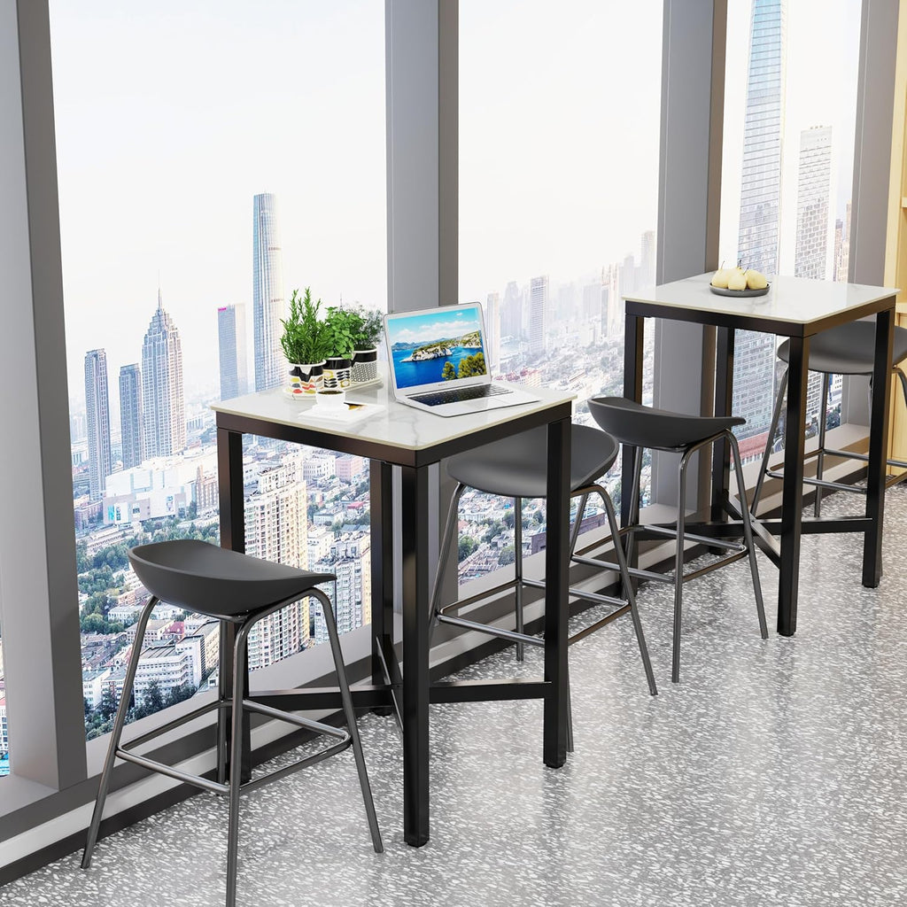 Wisfor Sintered Stone Bar Table: White Square High Top Pub Tables with Black Metal Frame - Small Breakfast Dining Table - Tall Coffee Table with Cross -Legs, 27.56x27.56x41.34 inch