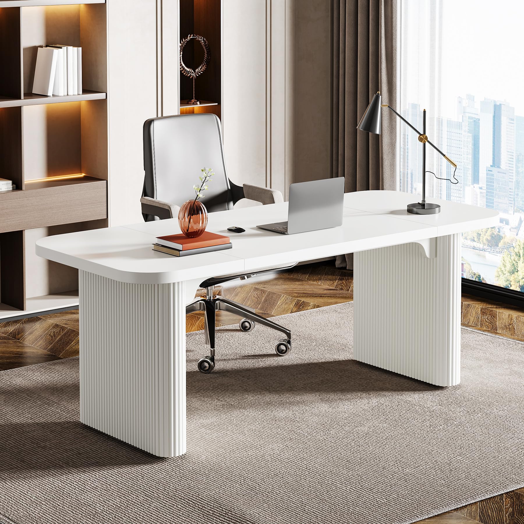 Tribesigns 62-Inch Modern Executive Desk, Wood Office Desk, Large Aesthetic Computer Desk with Double Pedestal, Workstation for Home Office (Brown)