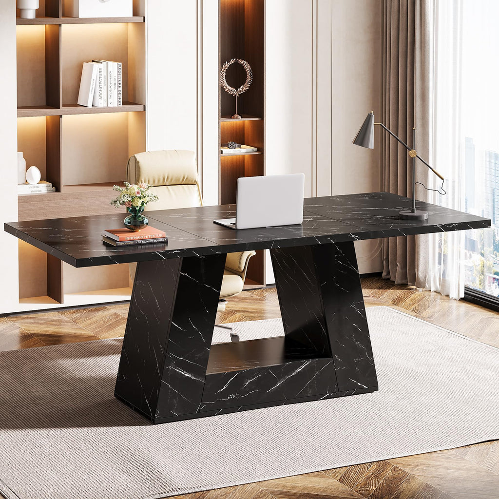 Tribesigns Modern Computer Desk, 63-Inch Large Office Desk Workstation, Simple Style Executive Desk Study Table with Sturdy Base, Wooden Faux Marble Writing Desk for Home Office, White