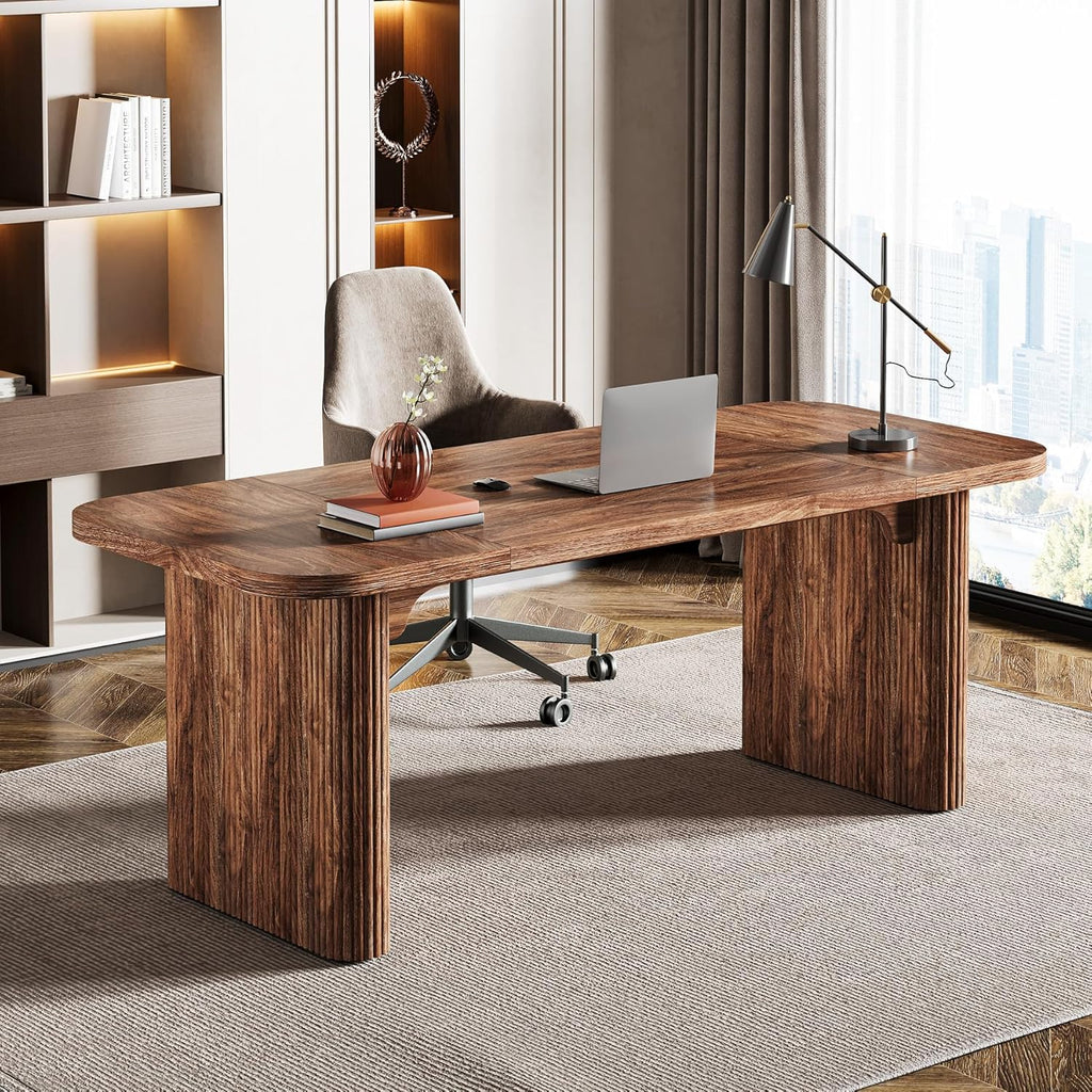 Tribesigns 62-Inch Modern Executive Desk, Wood Office Desk, Large Aesthetic Computer Desk with Double Pedestal, Workstation for Home Office (Brown)