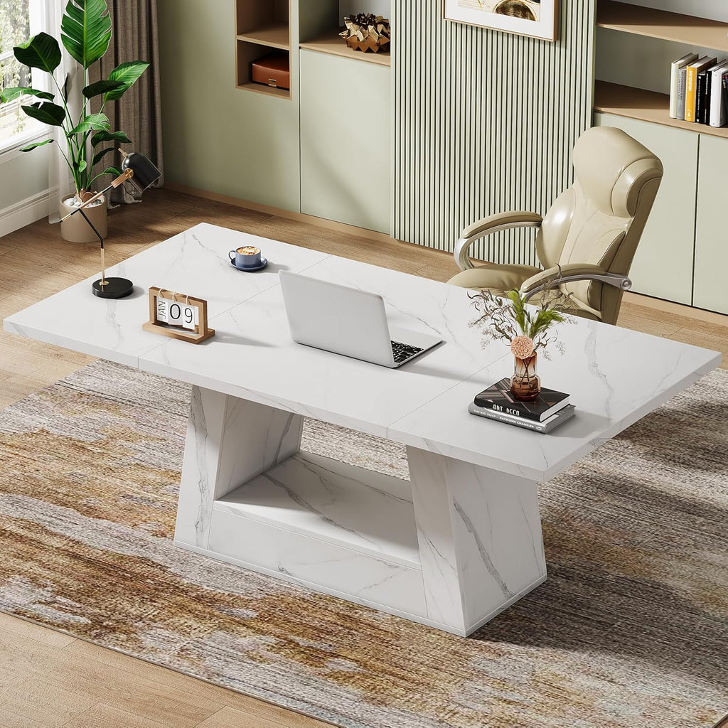 Tribesigns Modern Computer Desk, 63-Inch Large Office Desk Workstation, Simple Style Executive Desk Study Table with Sturdy Base, Wooden Faux Marble Writing Desk for Home Office, White