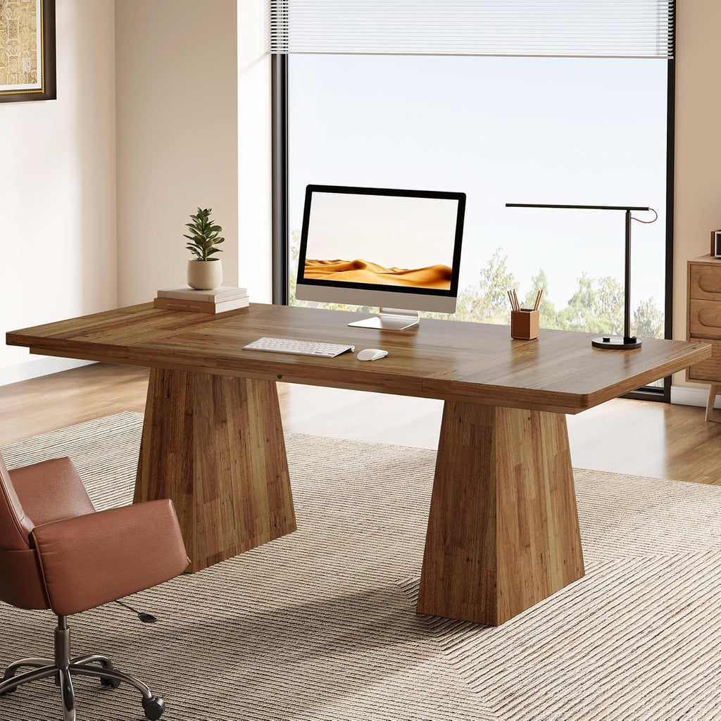 Tribesigns 63-Inch Executive Desk, Modern Office Computer Desk with Sturdy Double Pedestal, Large Study Writing Table Simple Workstation for Home Office, Light Brown
