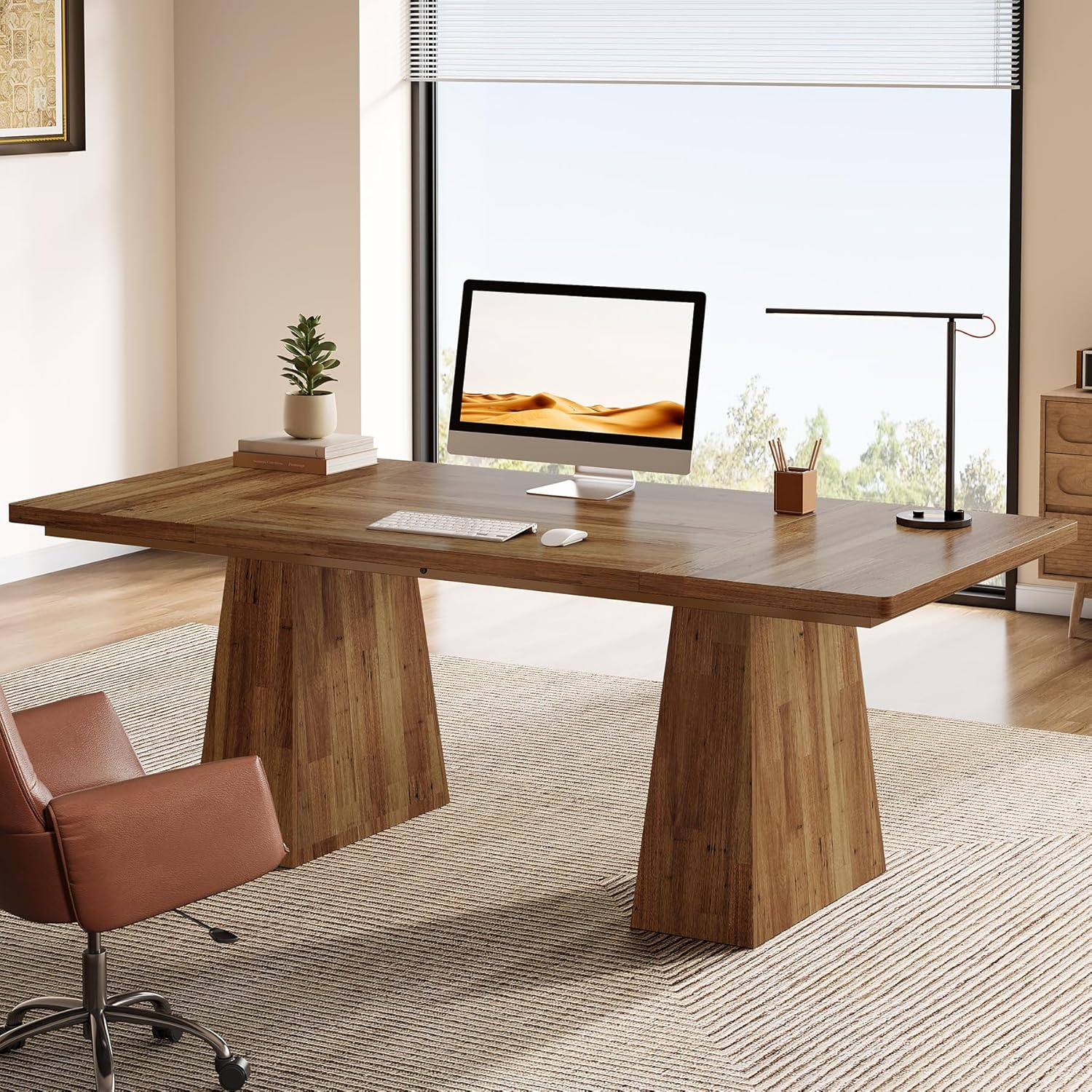 Tribesigns 63-Inch Executive Desk, Modern Office Computer Desk with Sturdy Double Pedestal, Large Study Writing Table Simple Workstation for Home Office, Light Brown