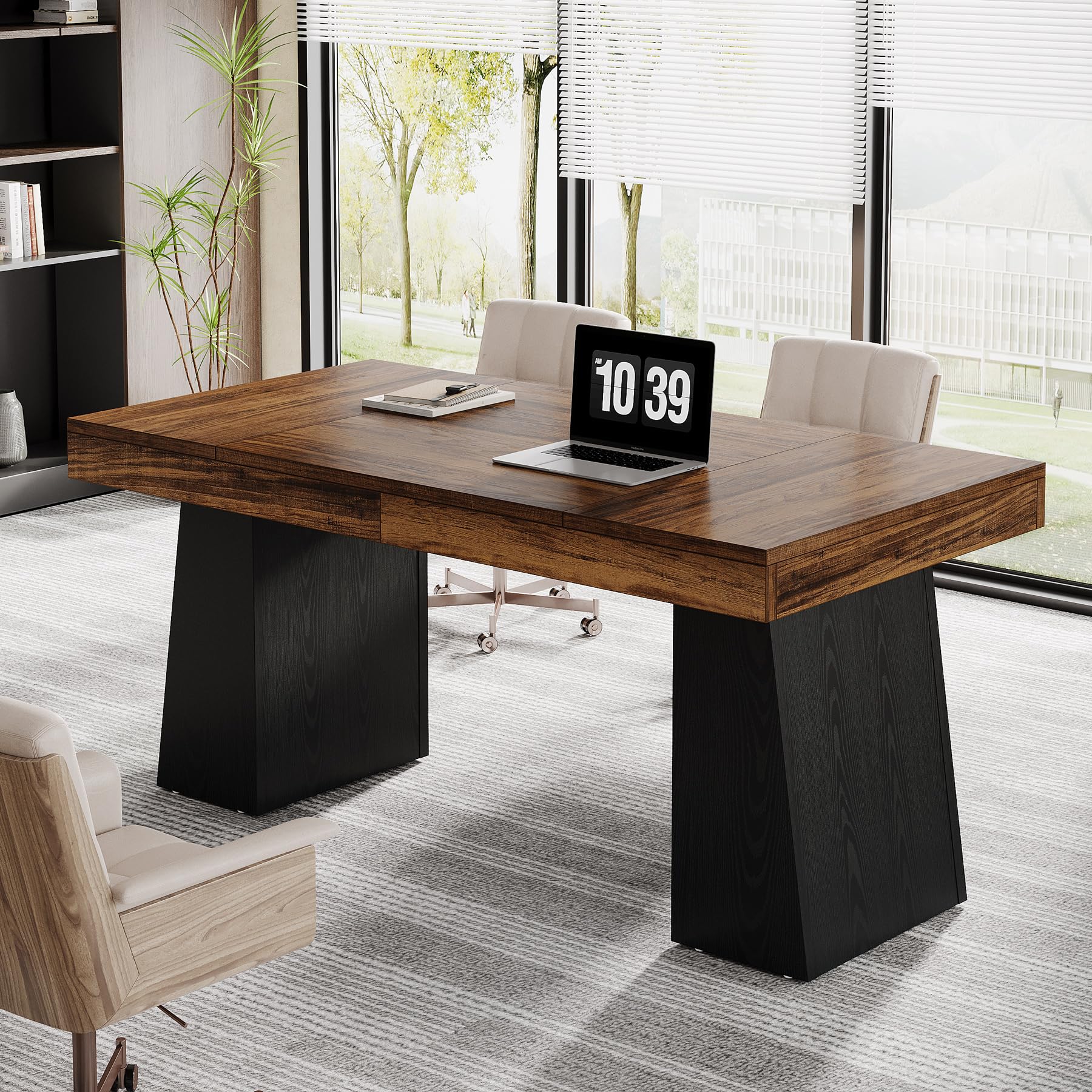 Tribesigns 55 Inches Executive Desk, Mid-Century Modern Home Office Desk, Wood Computer Table Business Workstation Small Conference Table, Light Brown