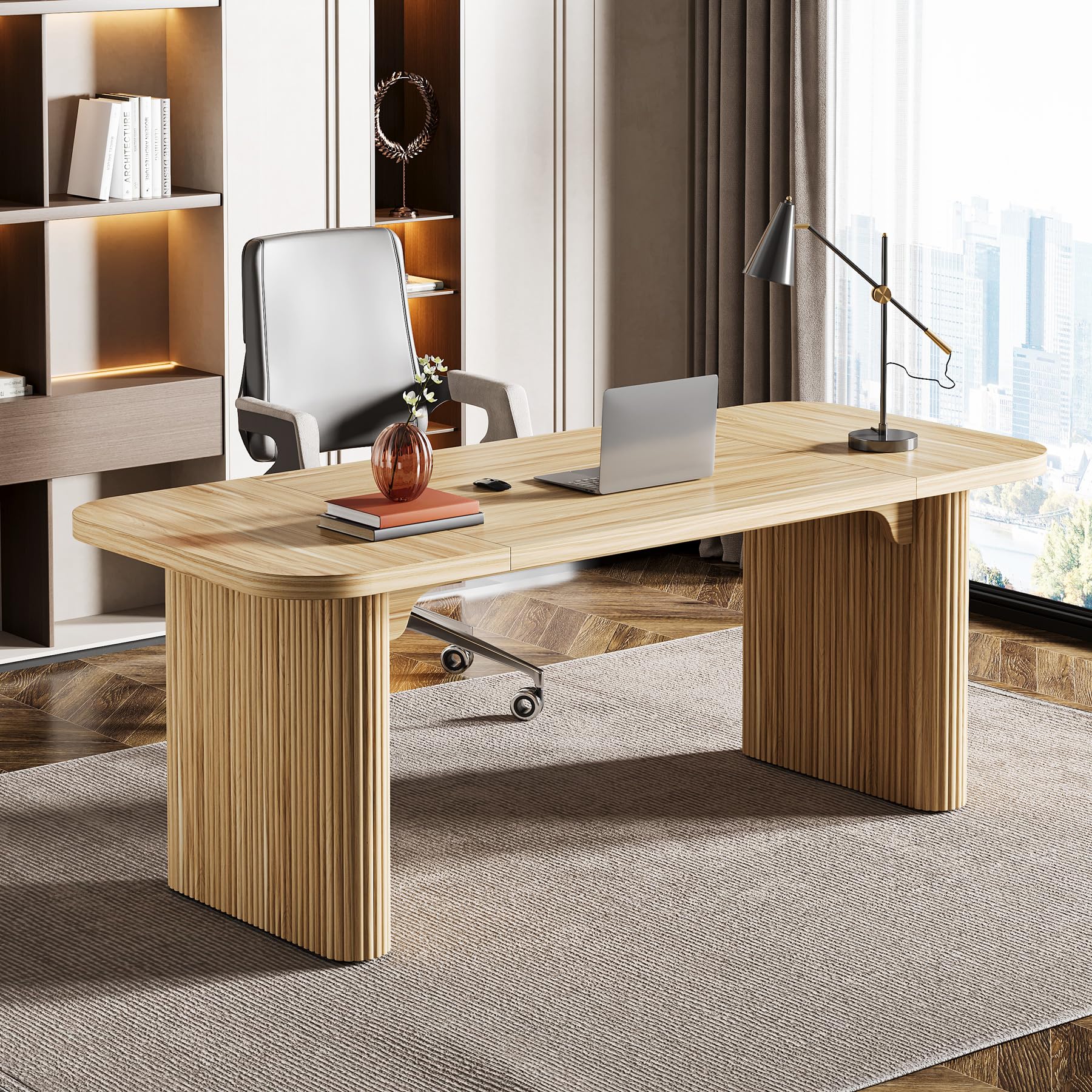 Tribesigns 62-Inch Modern Executive Desk, Wood Office Desk, Large Aesthetic Computer Desk with Double Pedestal, Workstation for Home Office (Brown)