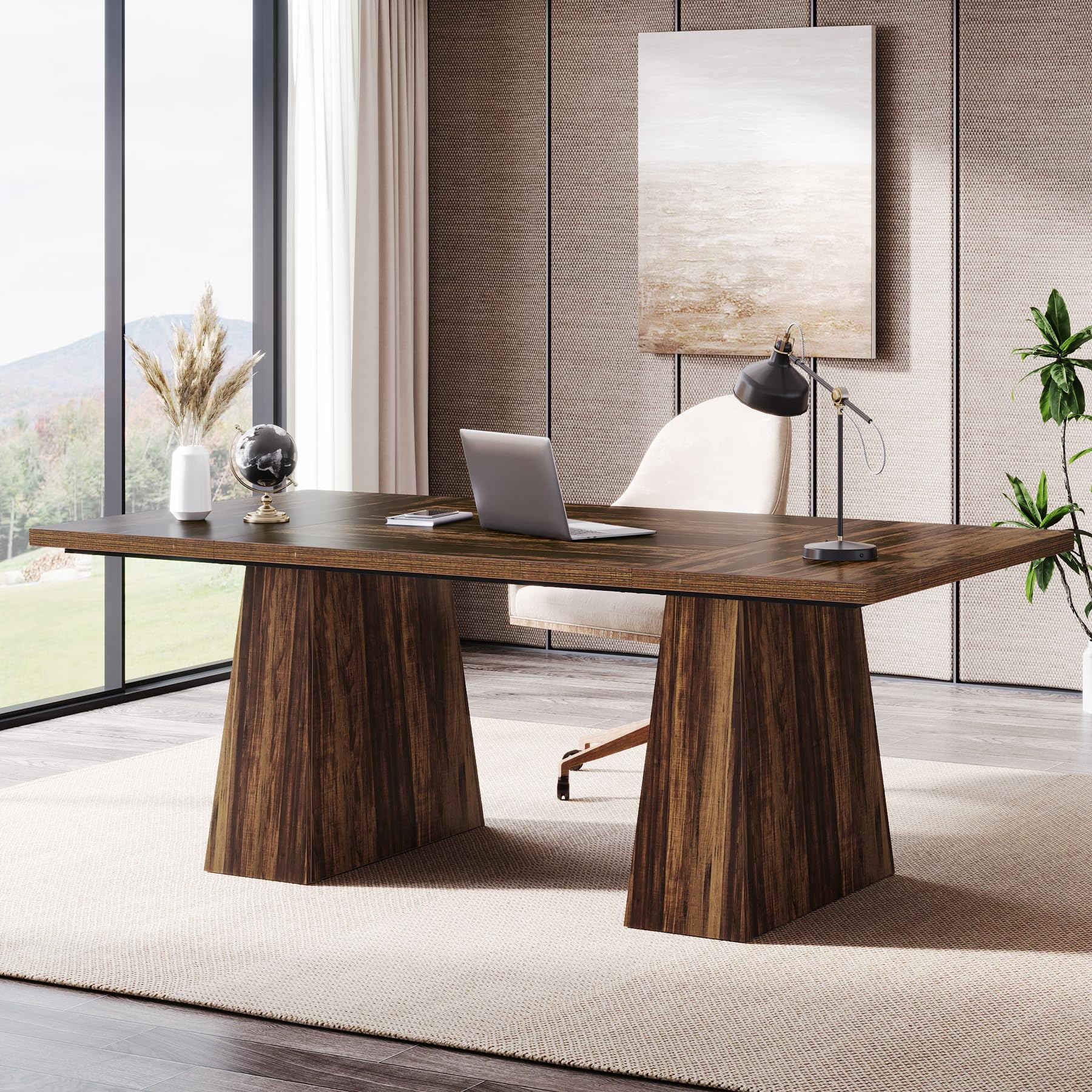 Tribesigns 63-Inch Executive Desk, Large Office Computer Desk with Double Pedestal, Modern Simple Workstations Writing Table Conference Table Business Furniture for Home Office, Light Brown