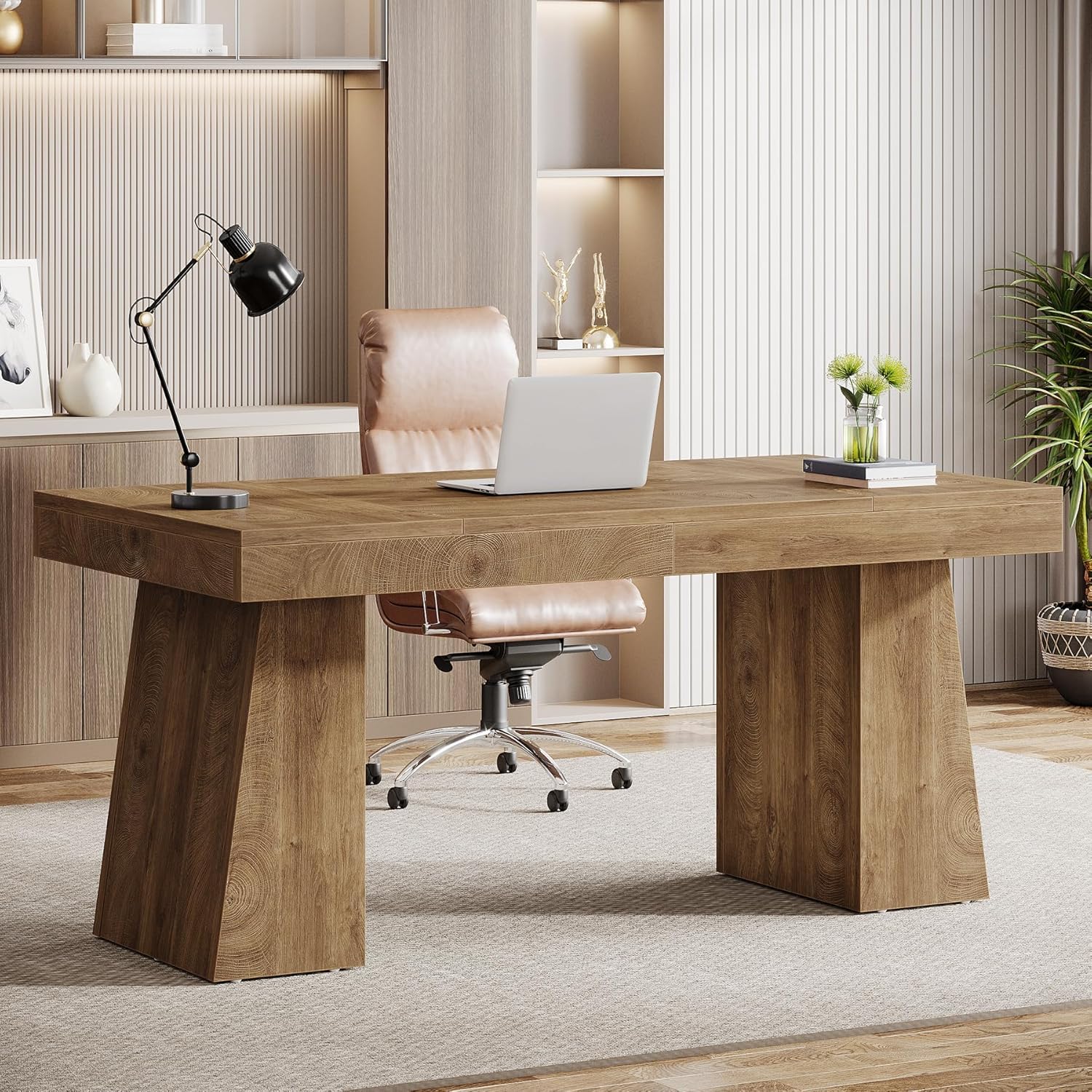 Tribesigns 55 Inches Executive Desk, Mid-Century Modern Home Office Desk, Wood Computer Table Business Workstation Small Conference Table, Light Brown