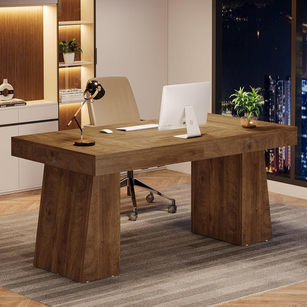 Tribesigns 55 Inches Executive Desk, Mid-Century Modern Home Office Desk, Wood Computer Table Business Workstation Small Conference Table, Light Brown