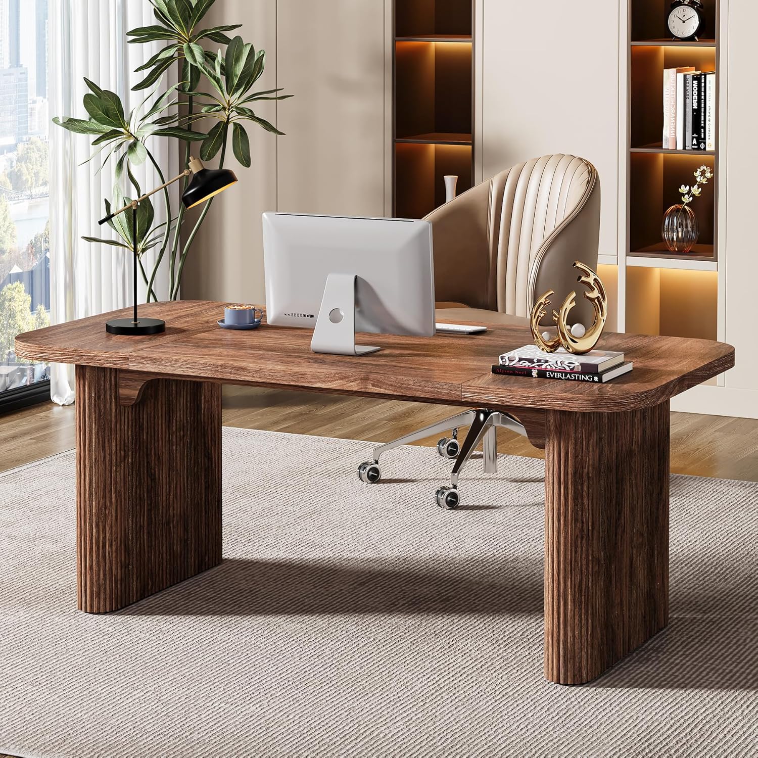 Tribesigns 62-Inch Modern Executive Desk, Wood Office Desk, Large Aesthetic Computer Desk with Double Pedestal, Workstation for Home Office (Brown)