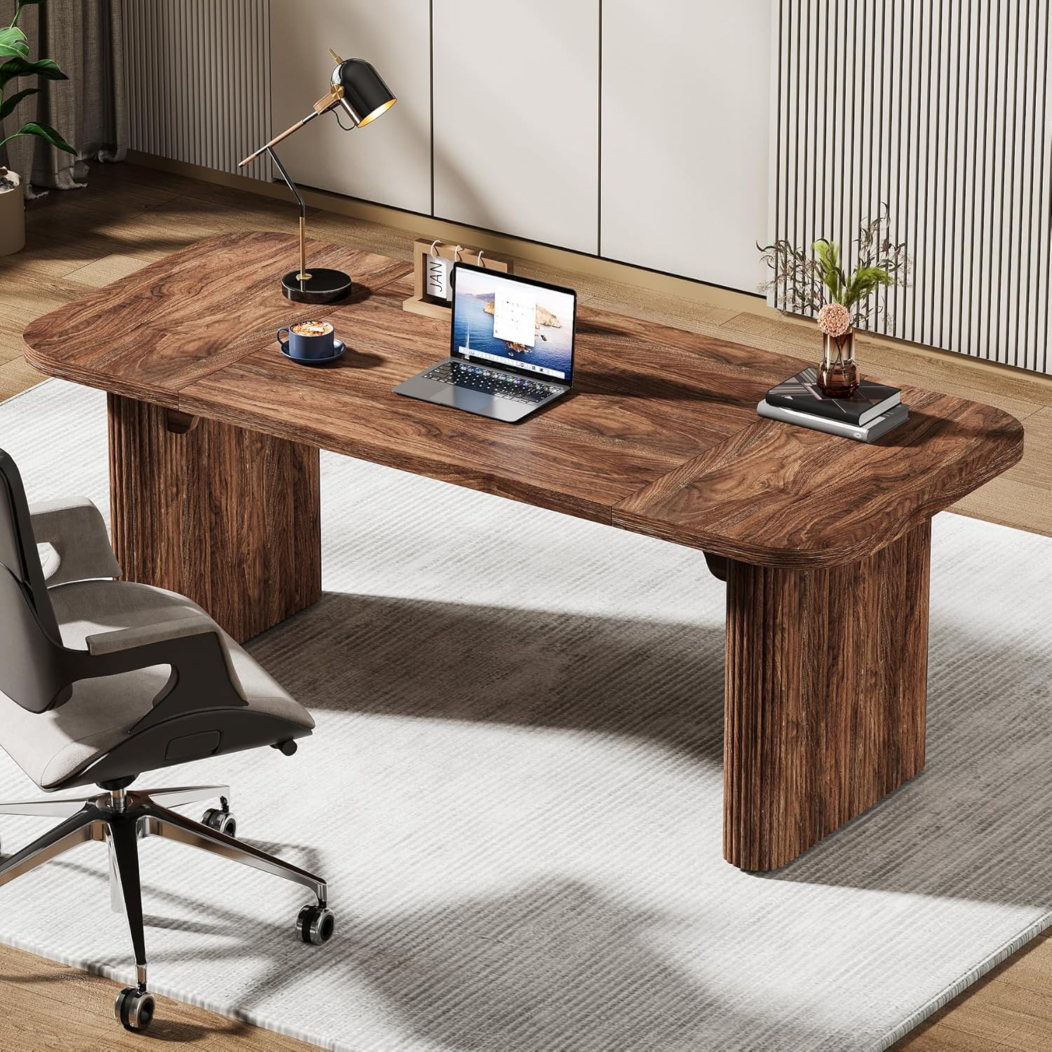 Tribesigns 62-Inch Modern Executive Desk, Wood Office Desk, Large Aesthetic Computer Desk with Double Pedestal, Workstation for Home Office (Brown)