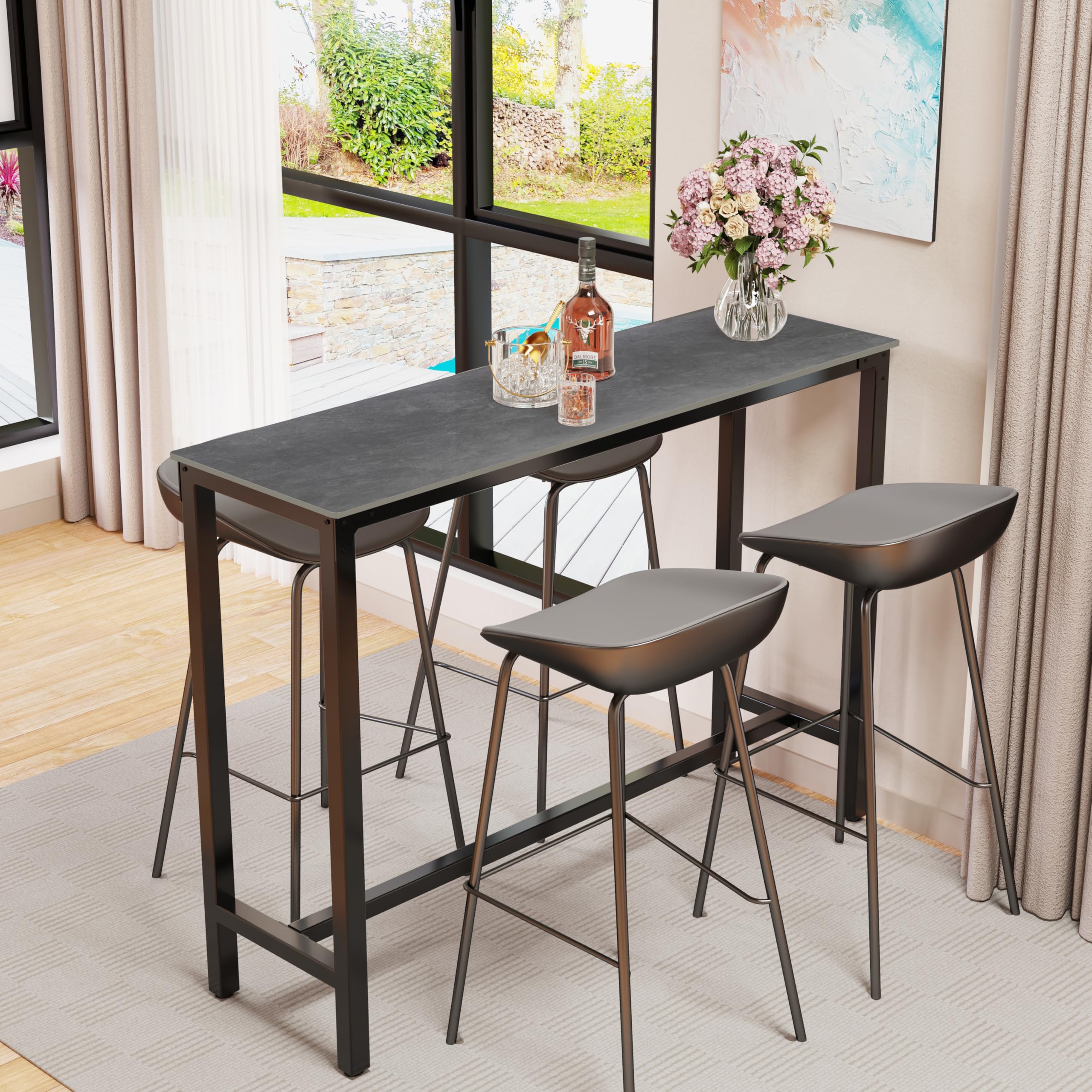 Wisfor Sintered Stone Bar Table: White Square High Top Pub Tables with Black Metal Frame - Small Breakfast Dining Table - Tall Coffee Table with Cross -Legs, 27.56x27.56x41.34 inch
