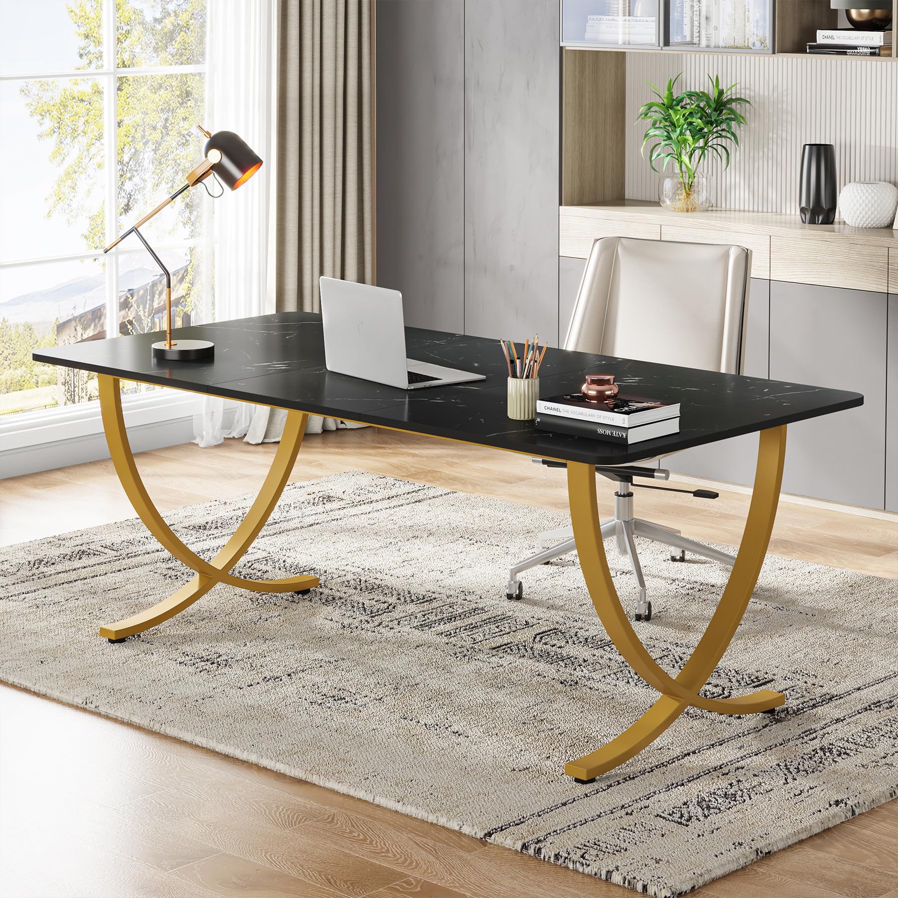 Tribesigns Executive Desk, 63” W x 31.5” D Large Office Desk, Modern Computer Desk Conference Table Meeting Room Table, Business Furniture for Home Office, White and Gold