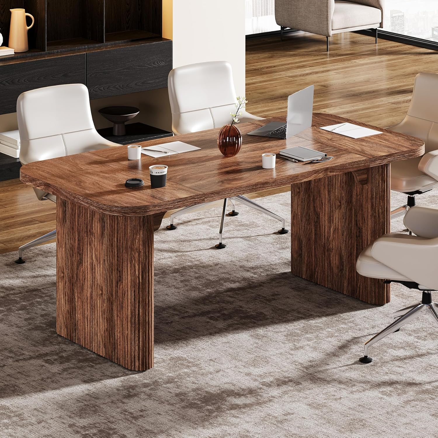 Tribesigns 62-Inch Modern Executive Desk, Wood Office Desk, Large Aesthetic Computer Desk with Double Pedestal, Workstation for Home Office (Brown)