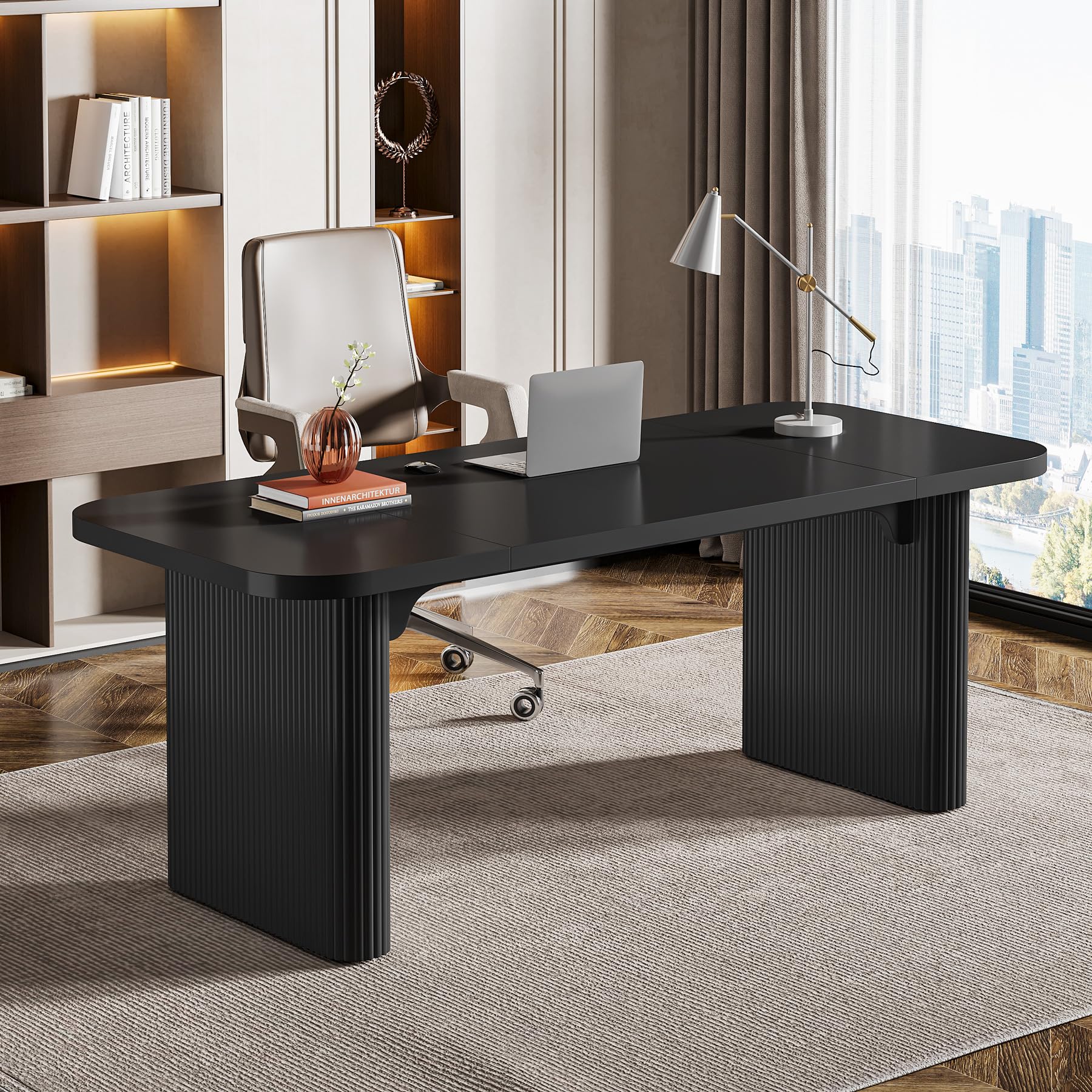 Tribesigns 62-Inch Modern Executive Desk, Wood Office Desk, Large Aesthetic Computer Desk with Double Pedestal, Workstation for Home Office (Brown)